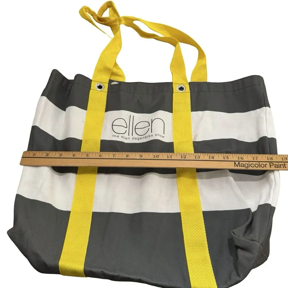 Ellen DeGeneres Tote Bag Canvas Cotton Yellow Gray White Striped